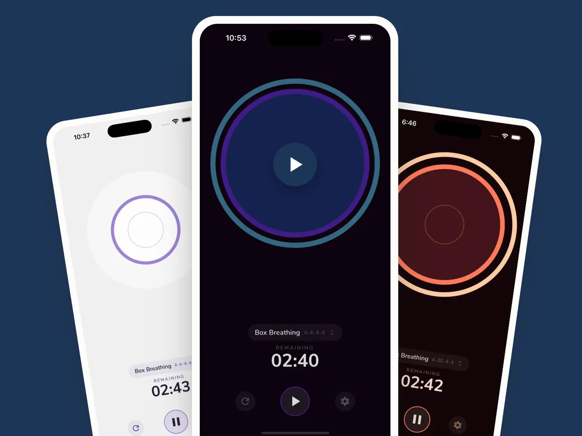Three Awesome Breathing pacer screens showing the breathing ring mid-session in light, dark, and ember themes.