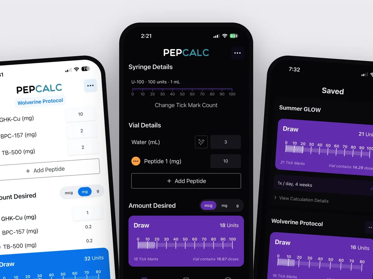 Three PepCalc screens: a saved peptide protocol, syringe and vial details, and the calculated draw in insulin units.