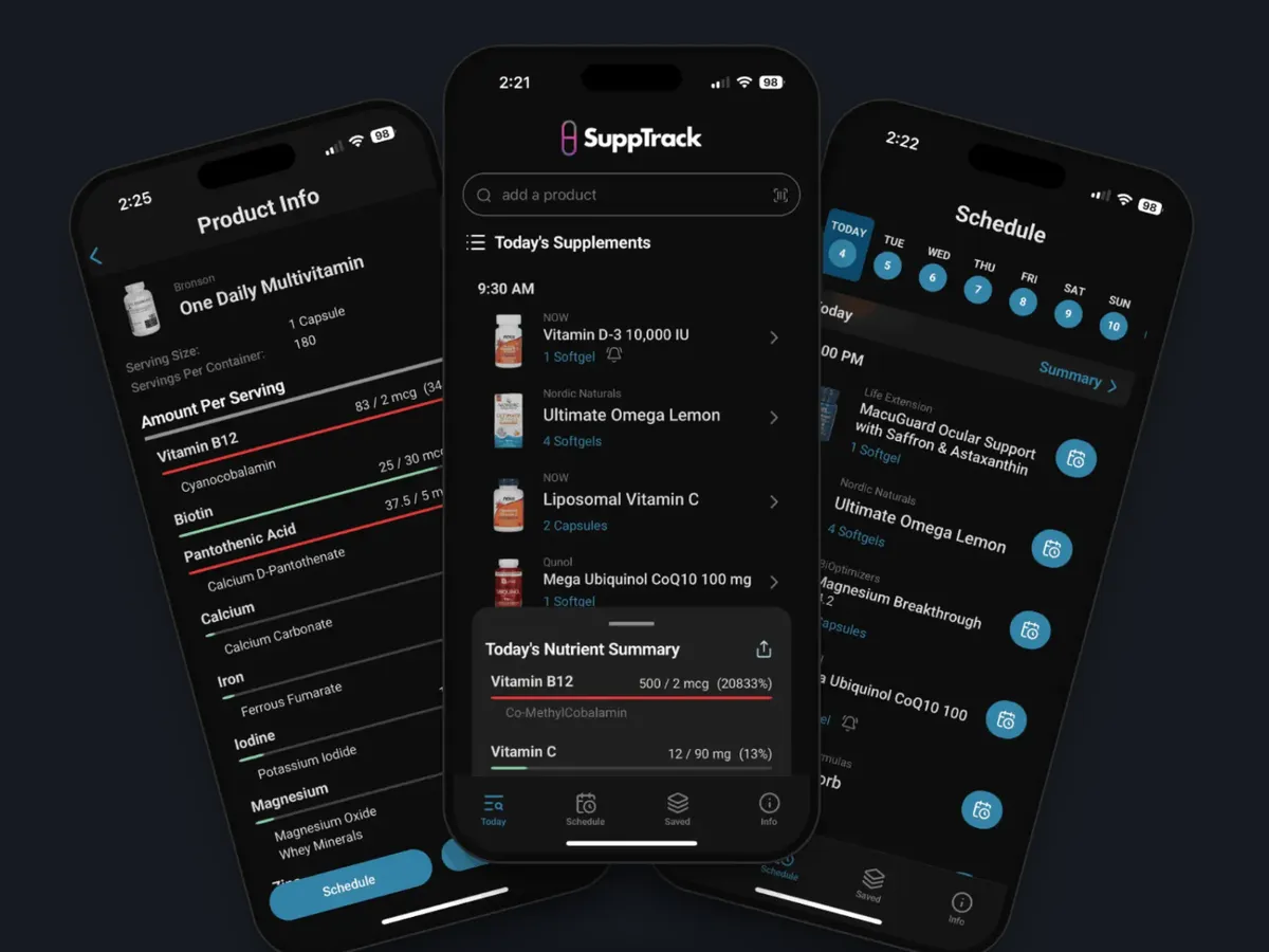 Three SuppTrack screens: a supplement's nutrient breakdown, the day's scheduled doses, and the weekly schedule view.