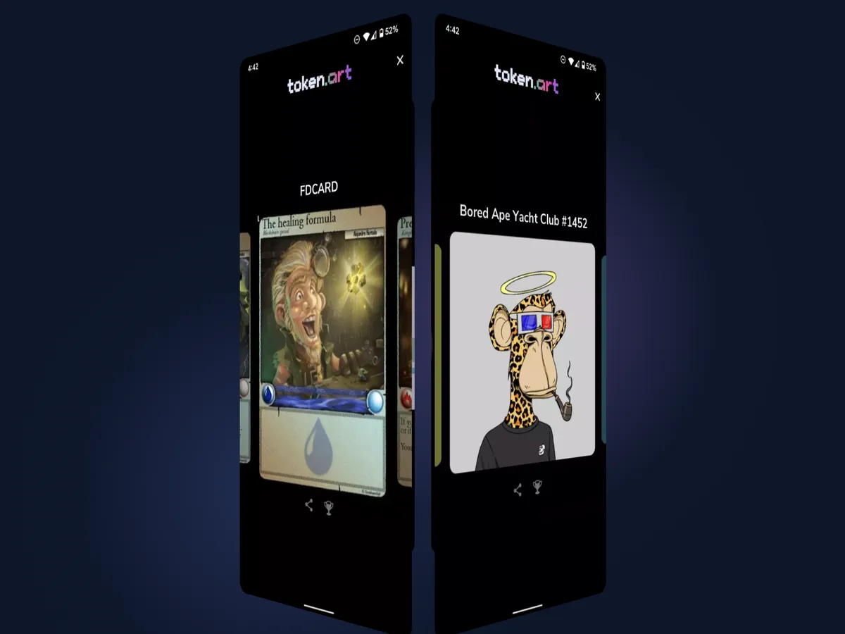 Two token.art screens showing NFTs from a connected wallet: a trading card and a Bored Ape Yacht Club avatar, each captioned with its collection.